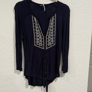 Lucky Brand Dark Blue Embroidered Blouse button front with tie